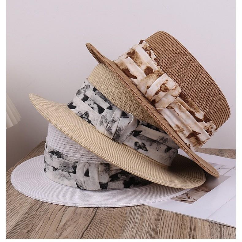 Garden Supplies My Women's Black New French Style Straw Hat For Summer Flat Brim Sun Hat Seaside Beach Vacation Uv Protection Fedora Cap 54-58Cm