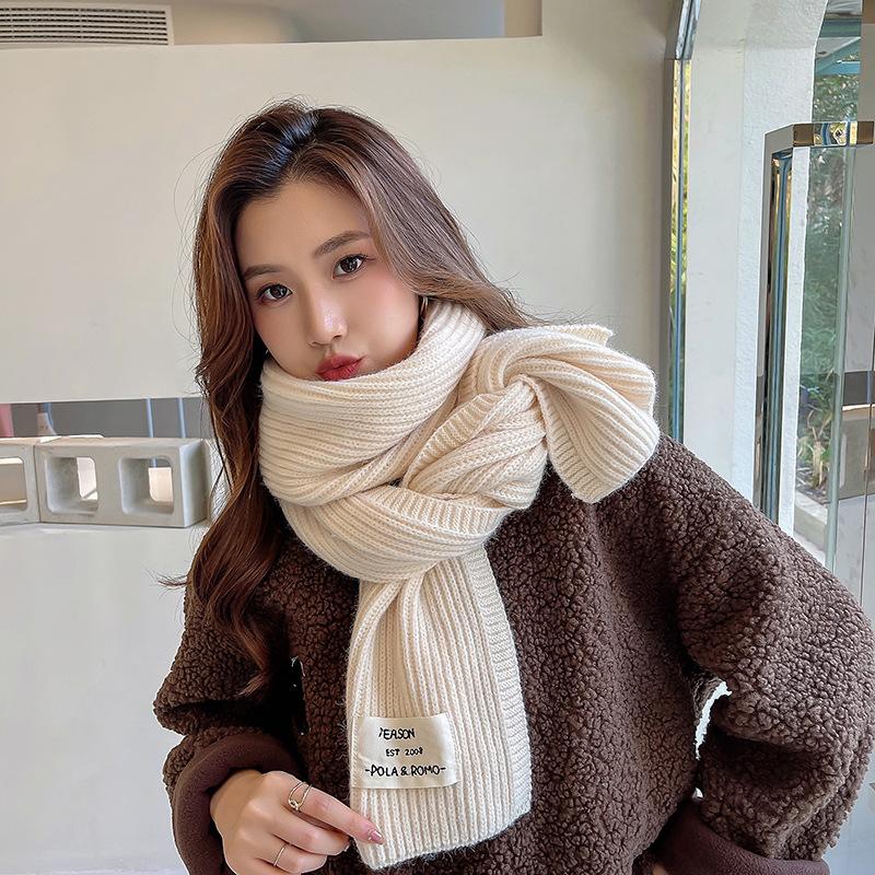 Autumn and winter versatile warm solid color knitted scarf female Korean version student red advanced sense thickened couple wool scarf