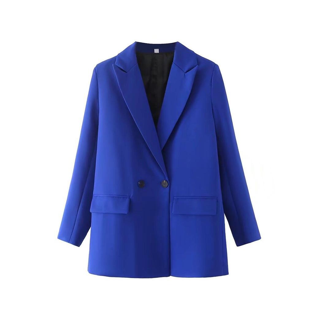Women Fashion Pockets Solid Double Breasted Blazer Vintage Long Sleeves Notched Neck  Office Lady Outfits