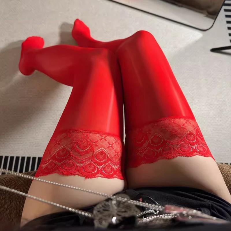 8D Oil Shiny Peacock Feather Lace Top Silicone Hold Up Thigh High Stockings Women Sexy Cosplay Lingerie  Pole Dance Clubwear