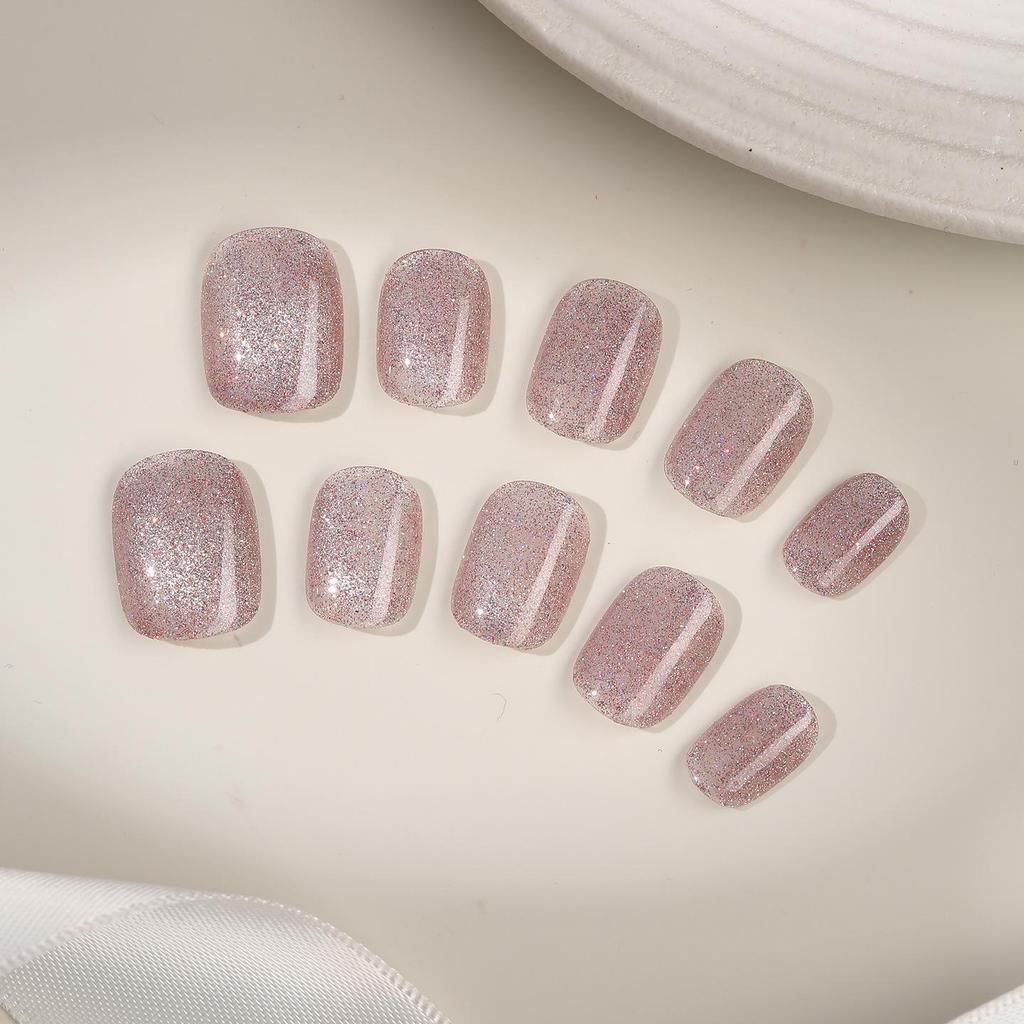 Zhuo Shi Mei Pink Sparkle Handmade Wearable Nails - Luxurious Removable Whitening Nail Stickers for Elegant Nail Art