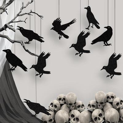 Halloween Black Crow Birdcage Hanging Garland Paper Pendant, Horror Style Party Home Decoration Props