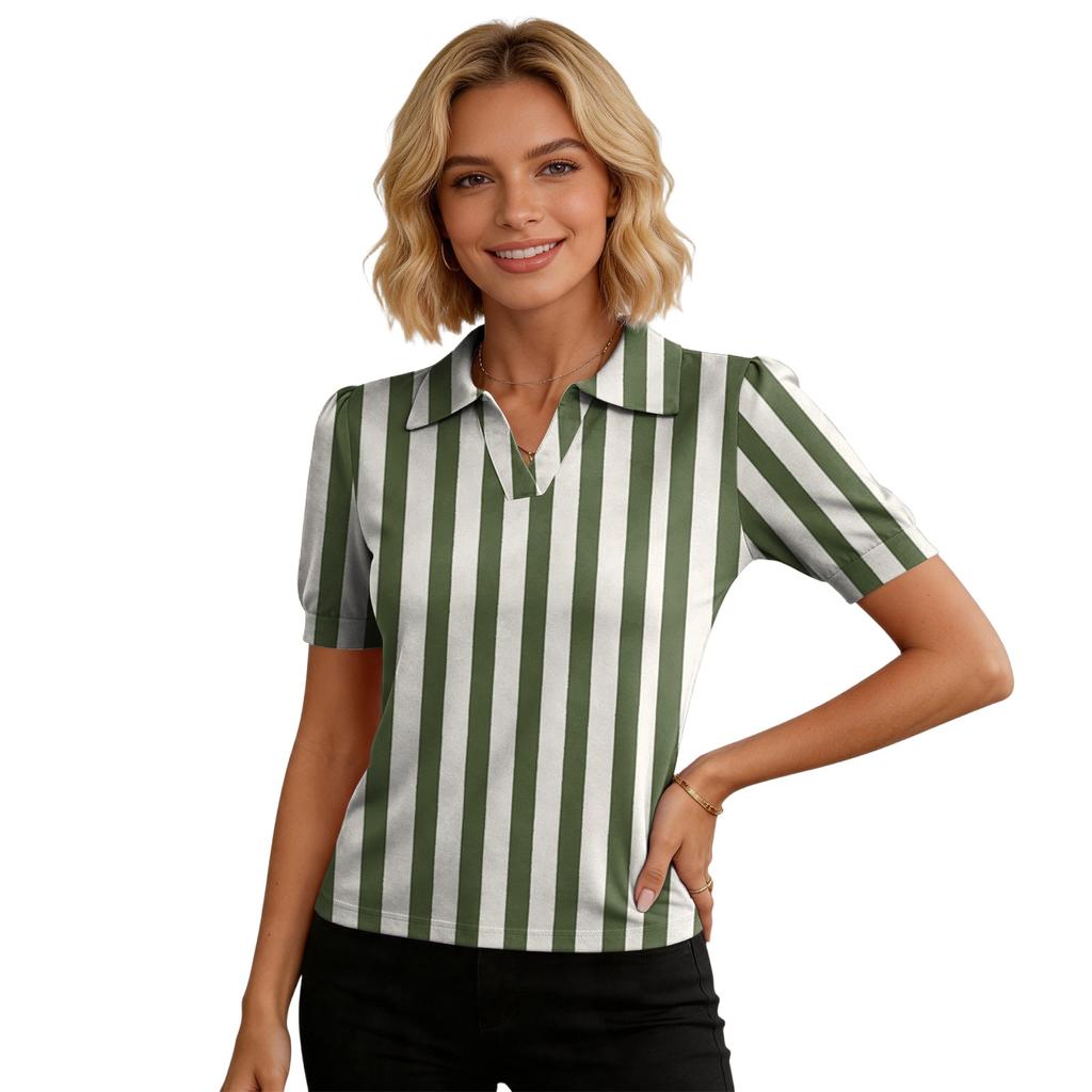 Women Casual Short Sleeve V Neck Shirt Striped Pattern Lightweight Relaxed Fit Blouse Suitable for Daily Wear and Outdoor Activities