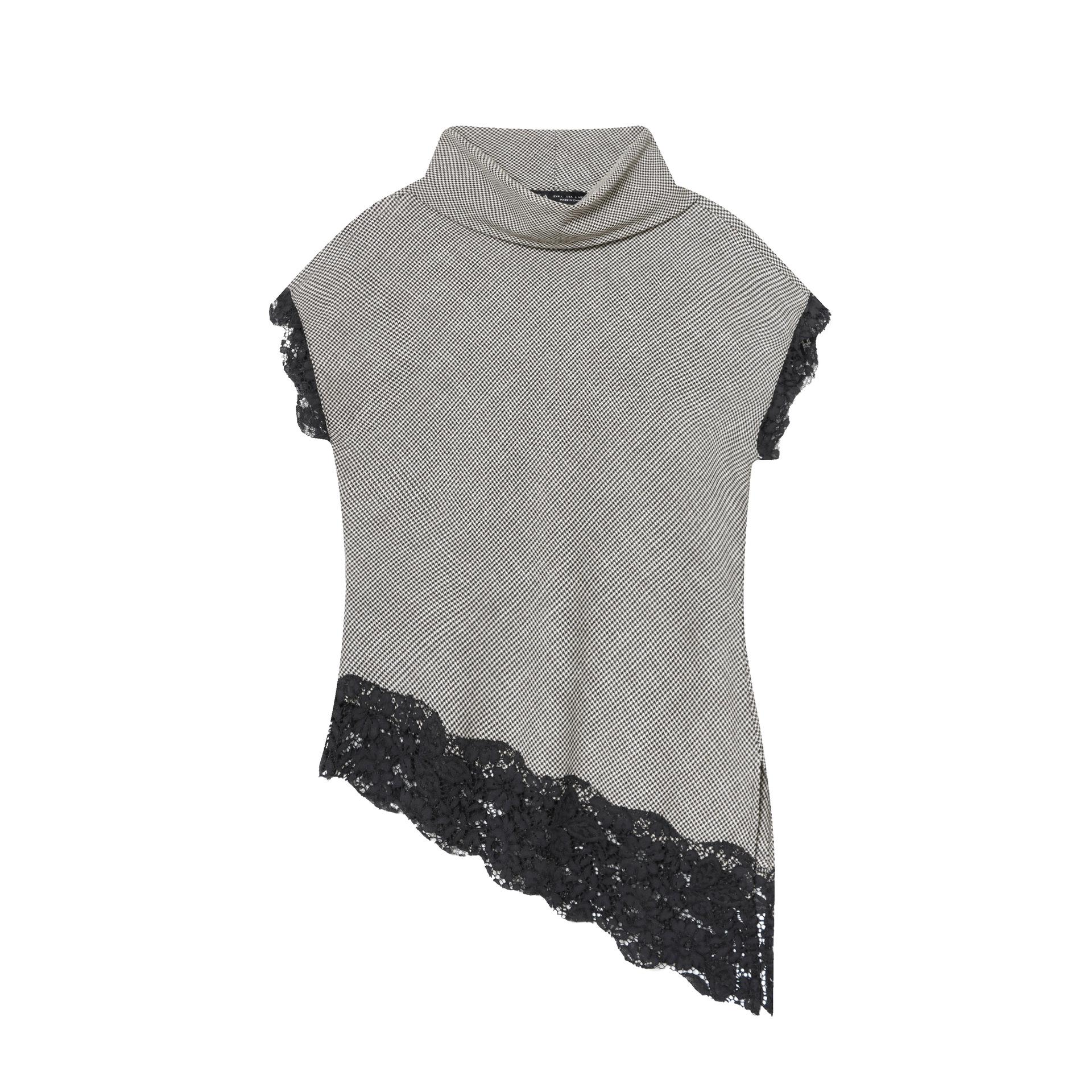 

2025 Autumn Women s Houndstooth Lace Top with Stand Collar Sleeveless Design Small