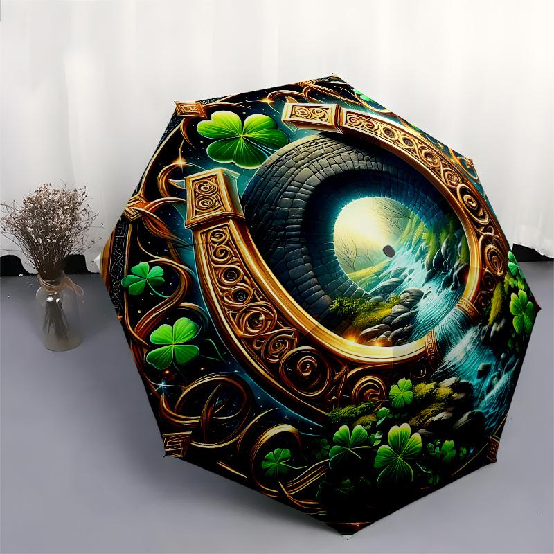 St. Patrick's Day Luck: Irish Clover Tunnel Doorway DecorUmbrella, Portable 3-Fold Compact Umbrella for Men & Women Gift