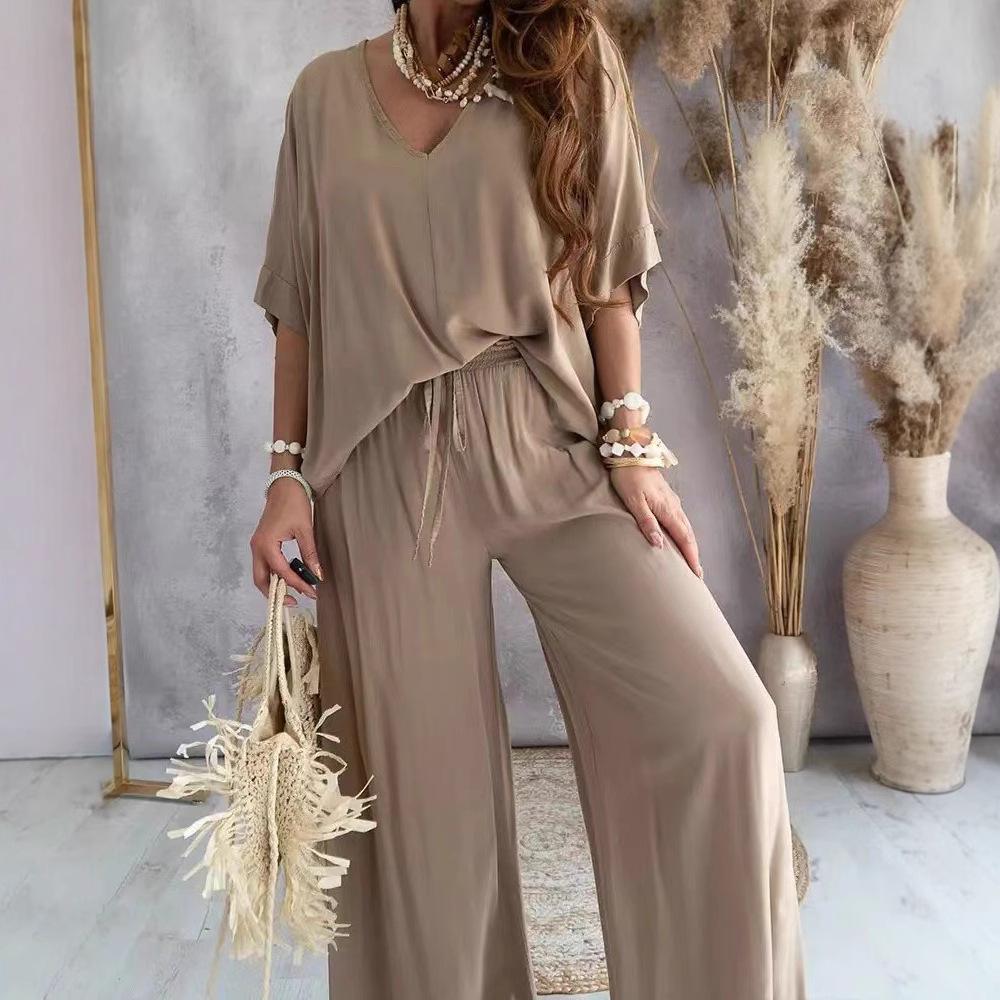 

Женский летний брючный костюм V-образный вырез рукав летучая мышь повседневный топ брюки на шнуровке свободный однотонный костюм комплект из двух предметов XS верблюд