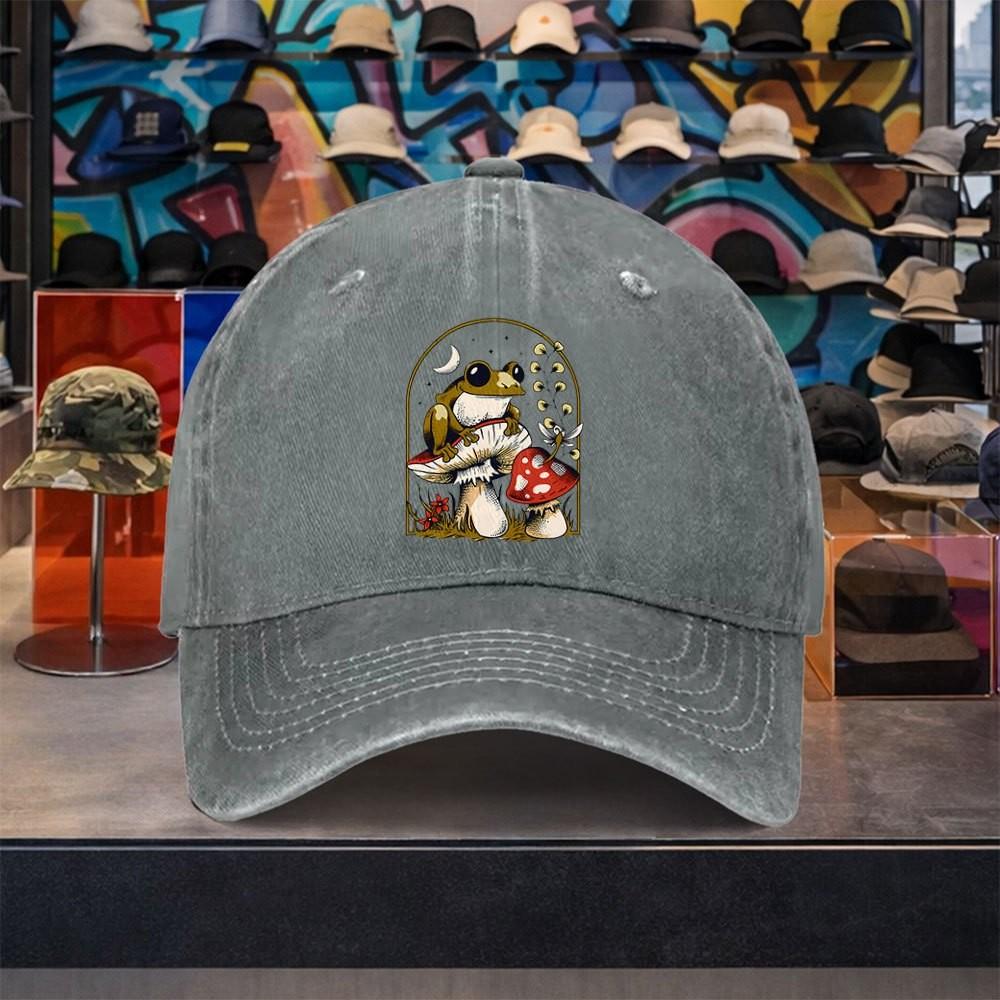 Frog Mushroom Graphic Baseball Cap Washed Cotton Vintage Adjustable Outdoor Casual Hat