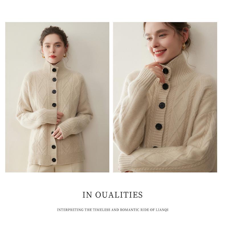 Cashmere High Neck Loose Knit Cardigan with Pockets - Women's Autumn/Winter Fashion Outerwear