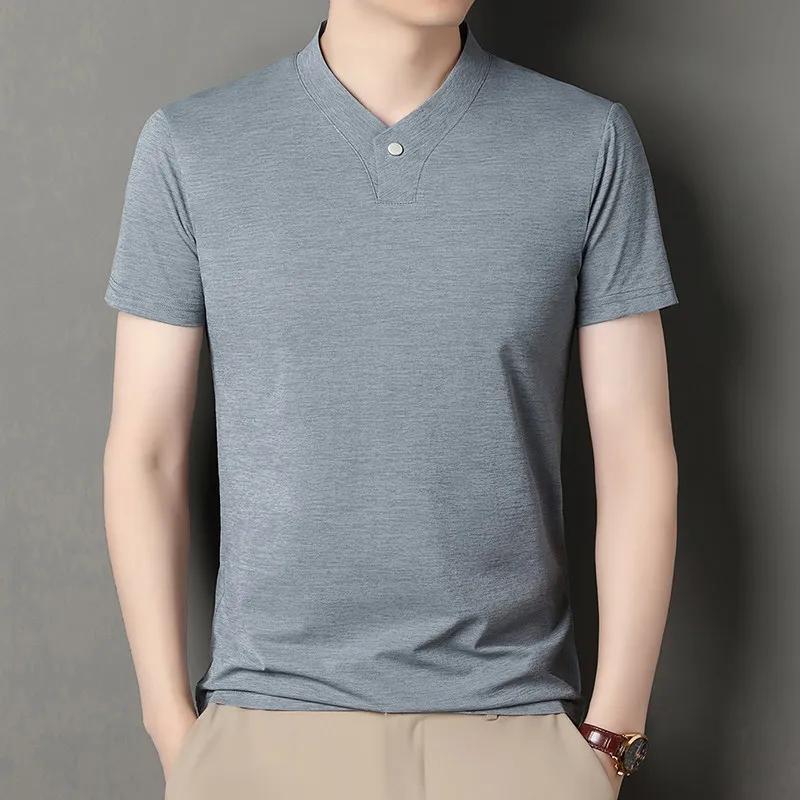 2026 Korean Style Men's Casual and Fashionable One Button V-neck Solid Color Short Sleeved T-shirt Summer Versatile Top