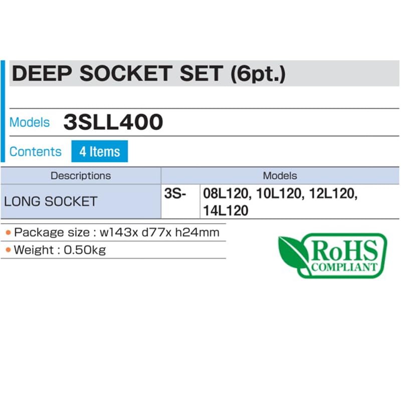 TONE Extra Long Socket Set Includes 4 Pieces (Hexagonal) 3SLL400, 9.5mm (3/8") Drive,