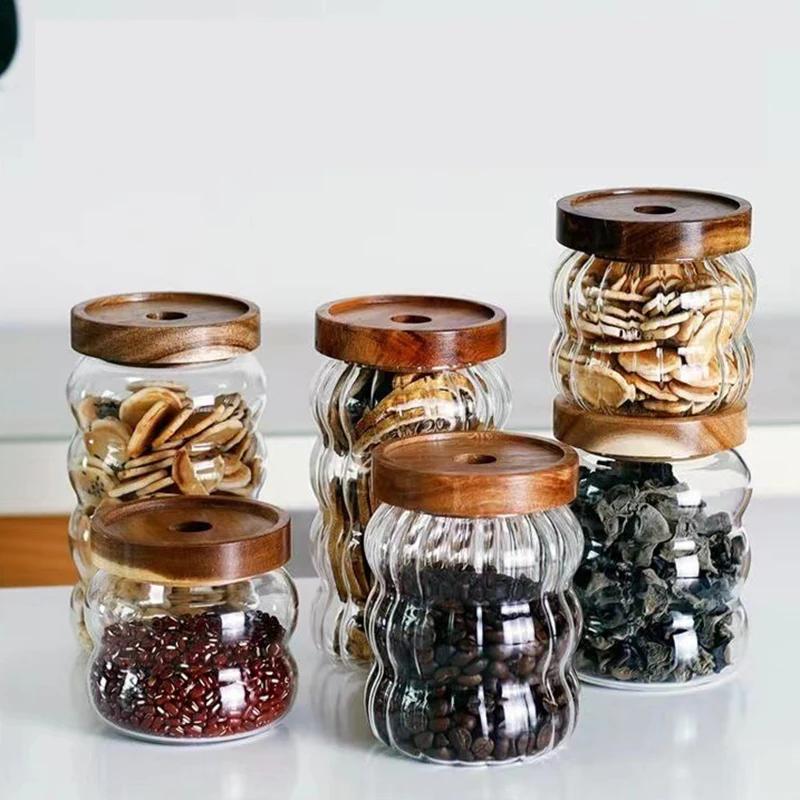 Kitchen High Borosilicate Glass Sealed Jar Canister Glass Container Wood Lid Food Storage Jar Coffee Bean Wheaten Grain Oat Can