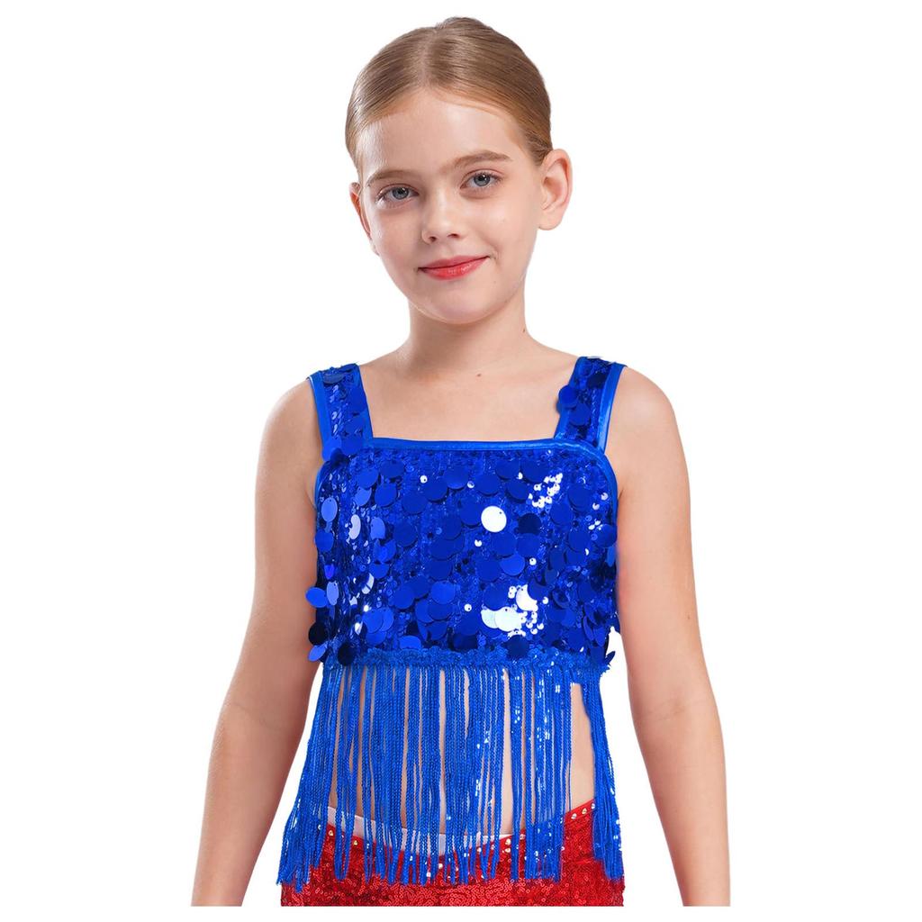 Dívčí taneční crop top se širokými ramínky a třásněmi z lesklých flitrů pro jazzové párty vystoupení