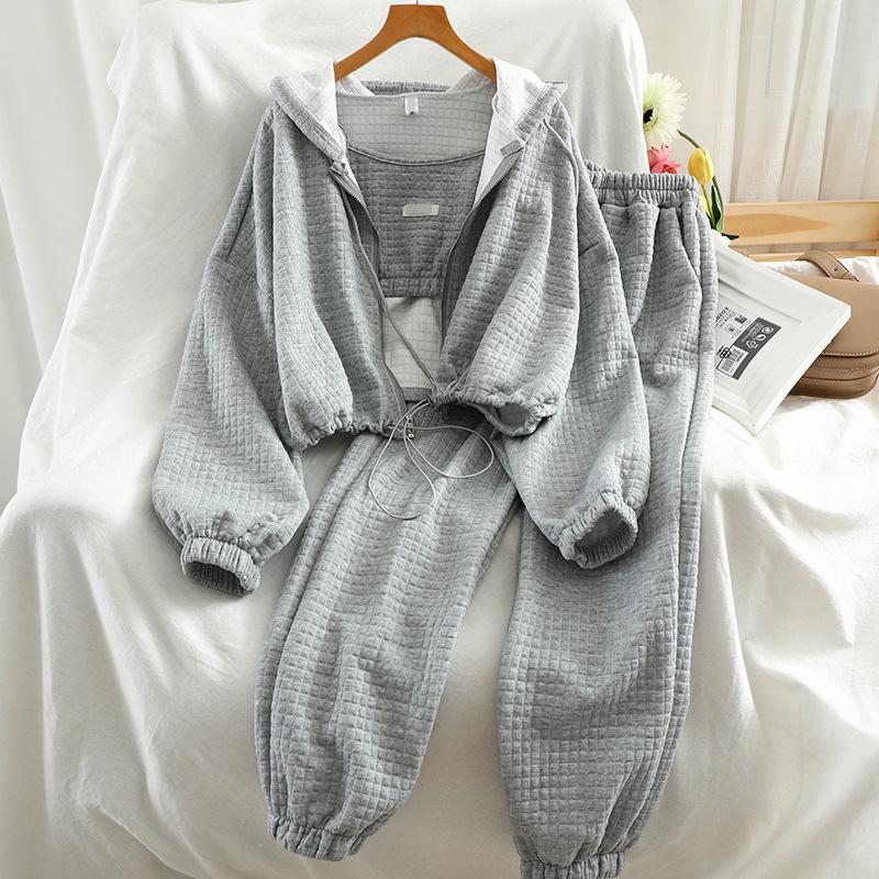 

Женский спортивный костюм-тройка большого размера в спортивном стиле: Толстовка с капюшоном, подтяжки и длинные брюки с манжетами на весну/осень. M