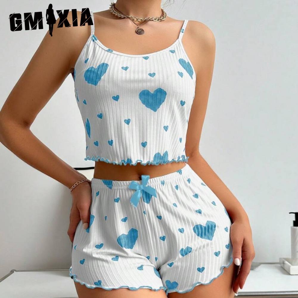 

GMXIA Женская домашняя одежда с принтом Love, шорты на подтяжках, повседневная, в пижамном стиле XL белый/синий