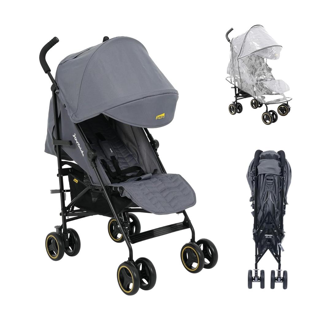 Cochecito Jovikids, Cochecito Plegable Pequeño con Función Reclinable, Cochecito de Viaje Plegable hasta 22 kg Incl. Toldo solar, funda para la lluvia y portavasos (gris)