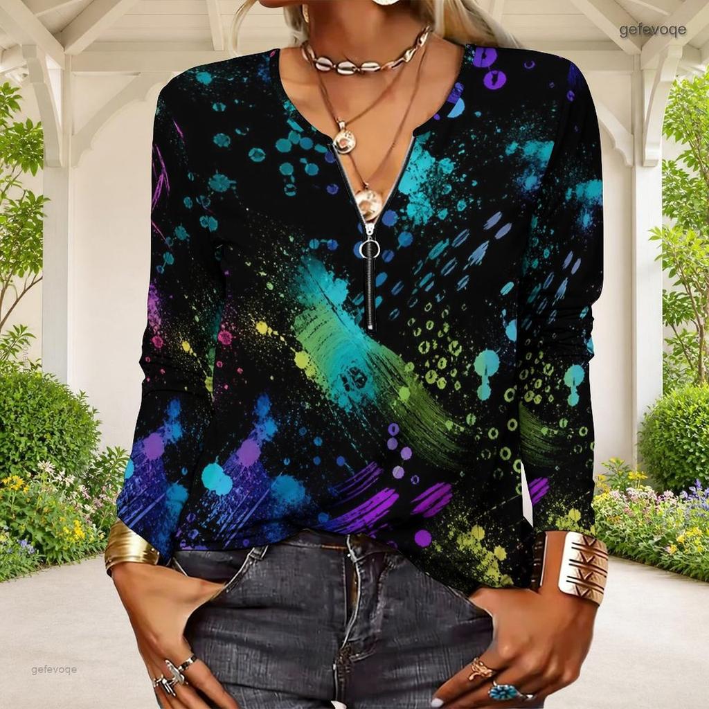 Women Plus Size Half Zipper Round Neck Long Sleeve Green Abstract Printed T Shirt