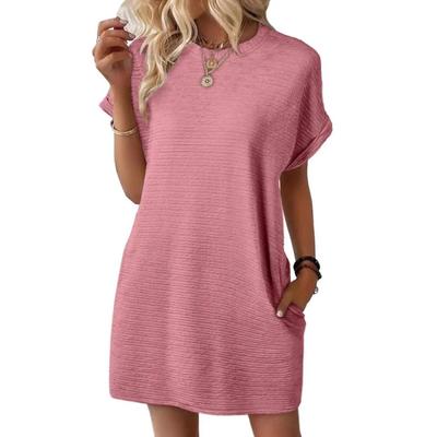 Summer New Loose Round-neck Pocket Solid-color Short-sleeved Dress for Women