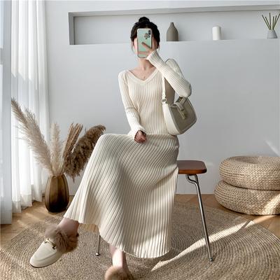 JulyPalette Solid Knitted Dress  Fall Winter V-neck Slim Long Sleeve Dress Elegant Ladies Black Midi-length Sweater Dresses