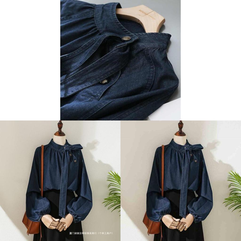 Designer Bowknot Denim Shirt With 3d Pattern And Lantern Sleeves For Spring Casual Wear