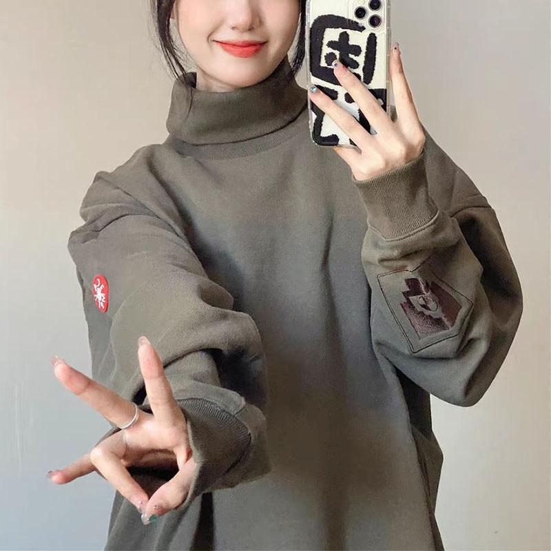 Japonský styl Vintage Podzimní Vítěz Nové Mikiny Dámské Rolák Výšivka Plus Samet High Street Dlouhý Rukáv Volné Topy