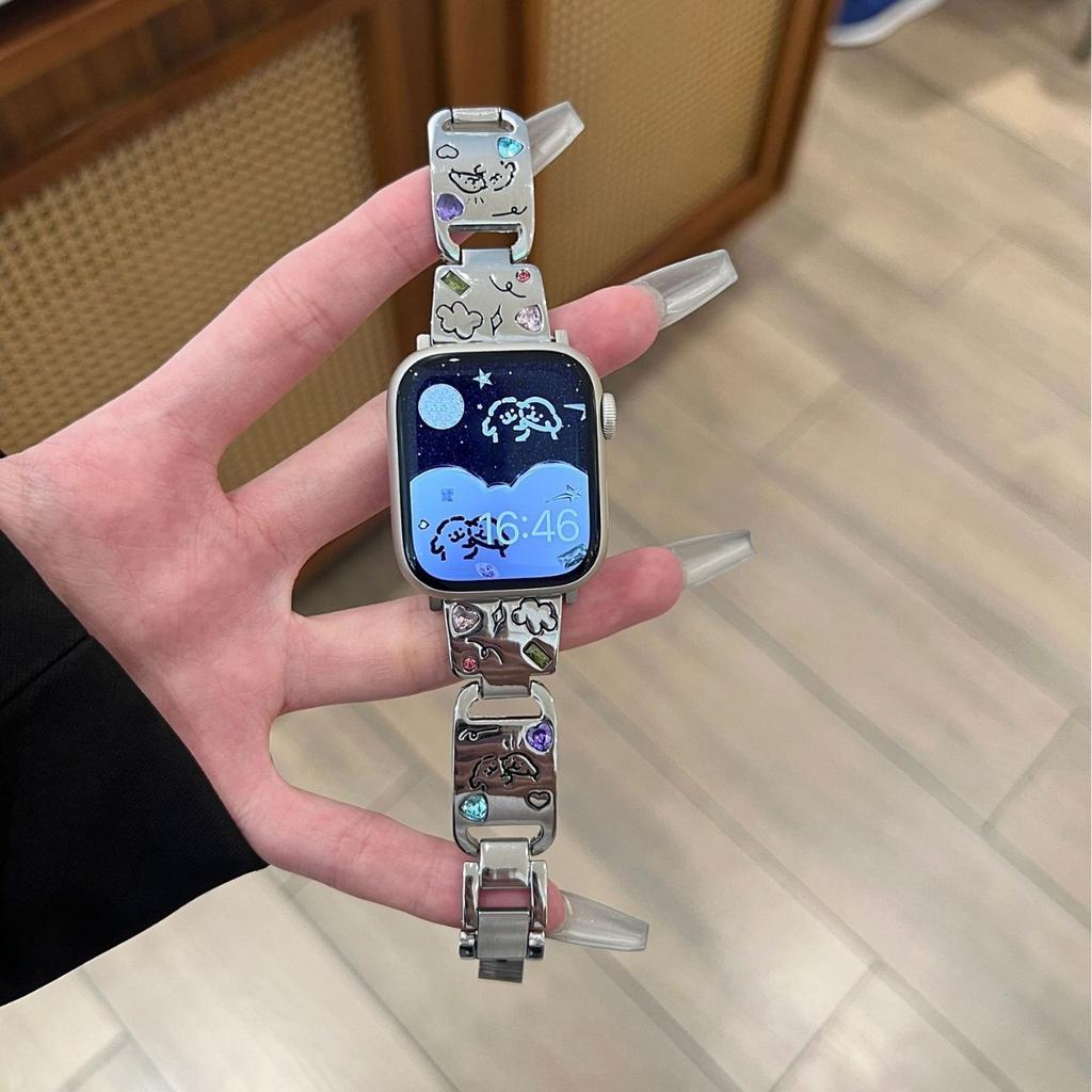 Suitable For S10 Generation Apple Watch Iwatch9 Strap Cute Puppy Colored Diamond Metal Applewatch87Se