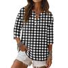 Women Casual V Neck Button Front Plaid Checkered Three Quarter Sleeve Shirt Linen Cotton Blend Top