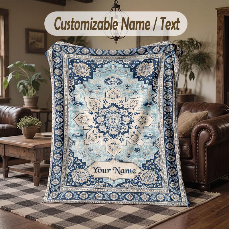 Egyptian Flower Art Theme Throw Blanket Custom Name Text Personalized Blanket Soft Cozy Blanket for Home Sofa Bed
