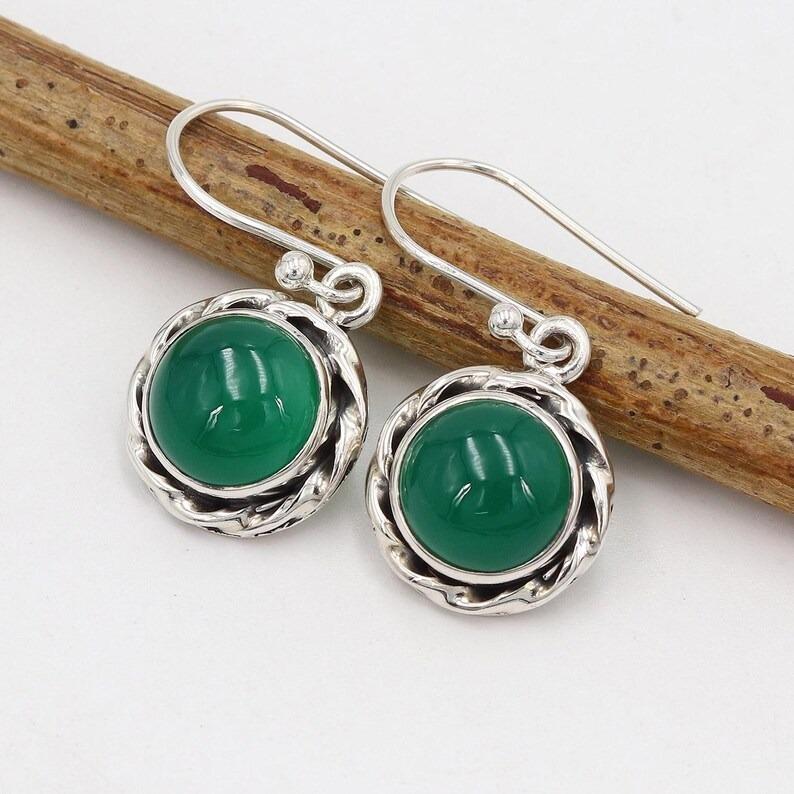 Solid 925 Sterling Silver Earrings Handmade Designer Earrings Round Stone Green Onyx Earring Gift For Her