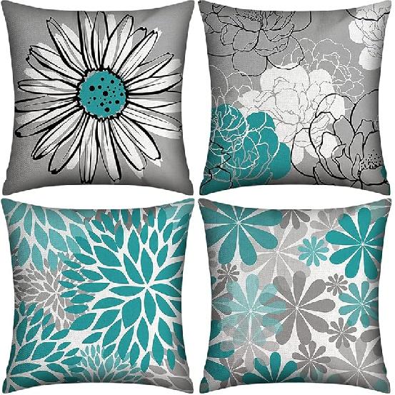 Light Blue Pillow Covers 18x18 Set of 4, Decorative Couch Throw Pillow Cover for Geometric Sofa,Linen Cushion Case Outdoor Home Decoration