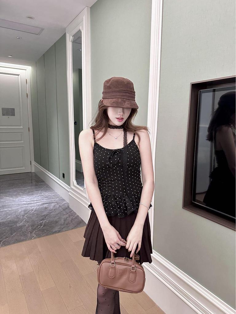 Sweet Polka Dot Lace-Up Spaghetti Strap Bow Tank Top for Women