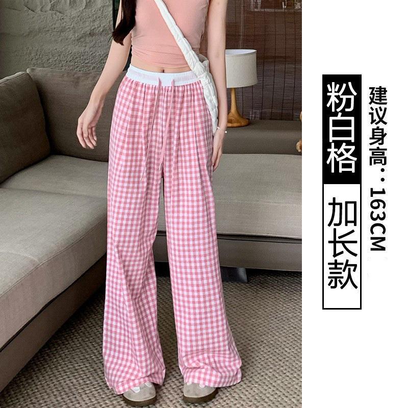Damen Sommer dünnes Design bequeme Hose locker lässig gerade Fallende Hose rosa kariert weites Bein