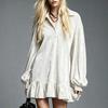 Fashionable Women's Velvet Sleeve Shirt Dress with Ruffled Hem and Collar
