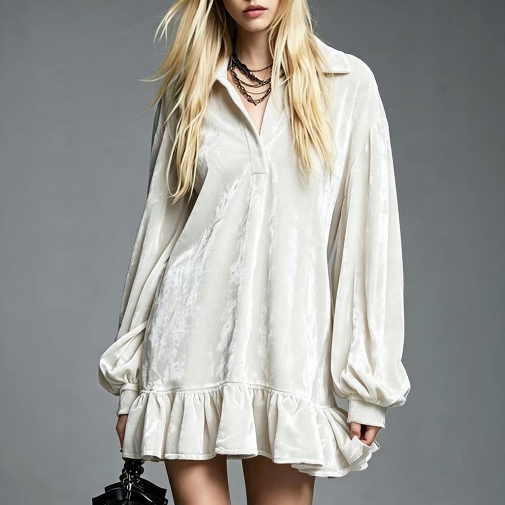 Fashionable Women's Velvet Sleeve Shirt Dress with Ruffled Hem and Collar
