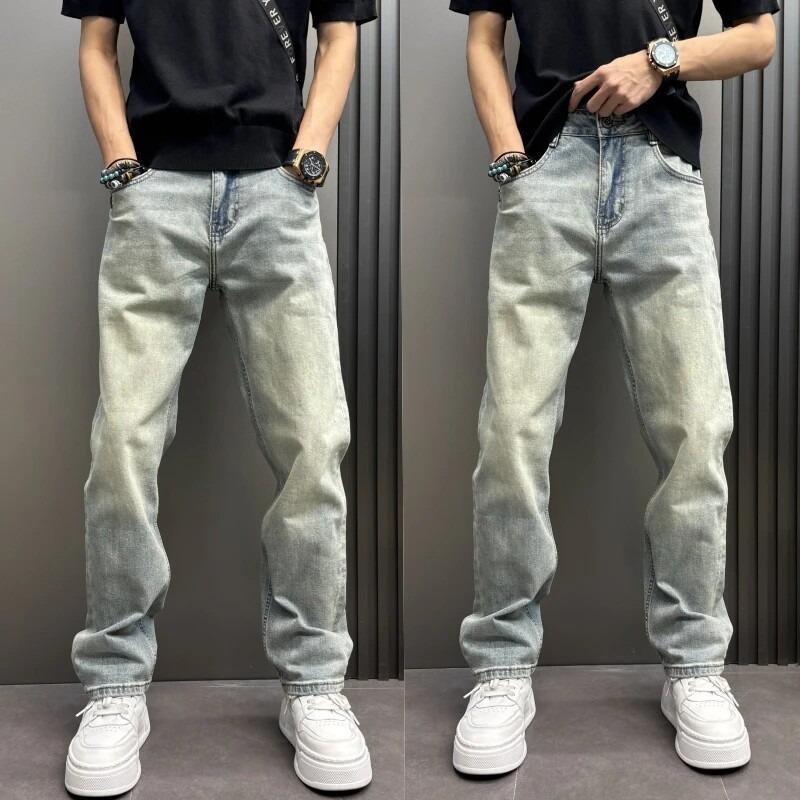 Men's Denim Washed Old Light Blue Jeans Men's Loose Straight Trousers Trendy Brand Simple High Street Trousers
