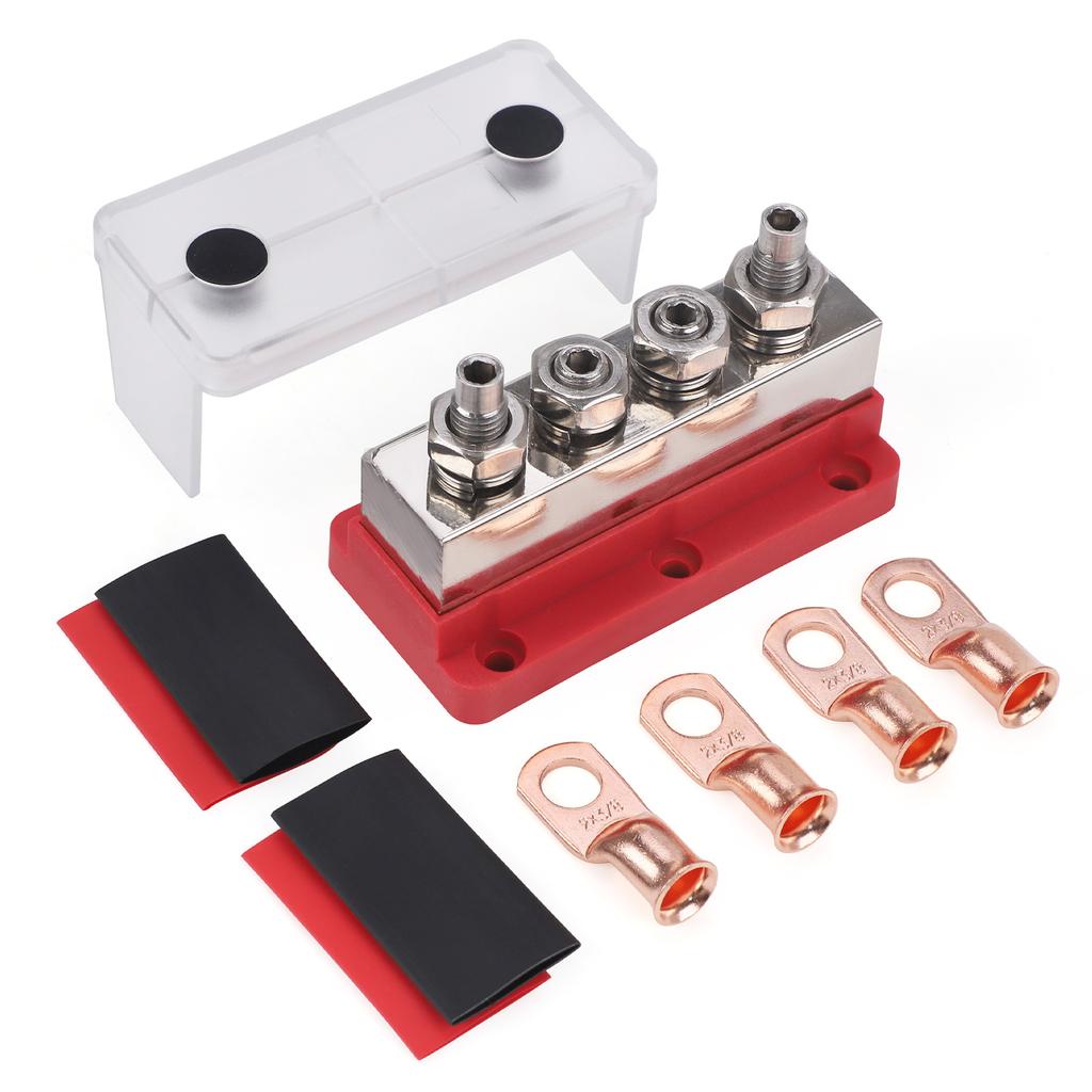 Battery Bus Bar 600A 48V Nickel Plated Copper 4X M10 Studs Heavy Duty Distribution Block For Truck RV Marine Ground Red Black