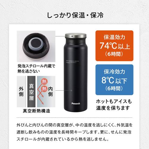 Peacock Stainless Steel Water Bottle, 0.8L, AMZ-80, Matte Black