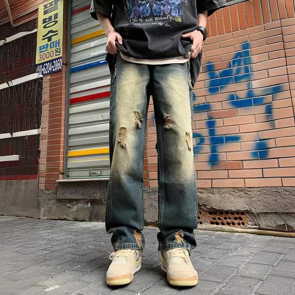 American Washed Pants High Street Retro Ripped Jeans Men's Summer Straight Loose High-end Beggar Pants