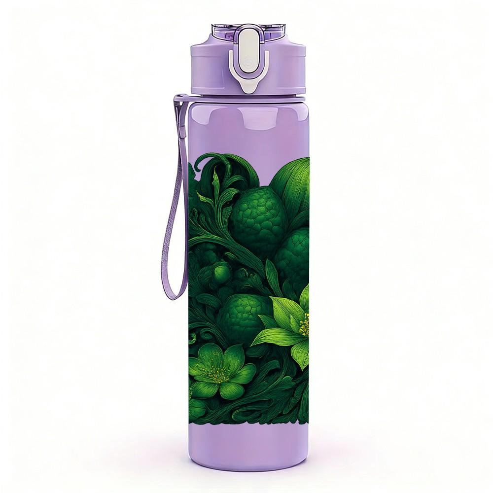 1PC Dark Green Tropical Leaf Cluster Print 750ml Color Plastic Sports Water Bottle Leakproof Flip Straw Lid Suitable for Sports Office Home Use