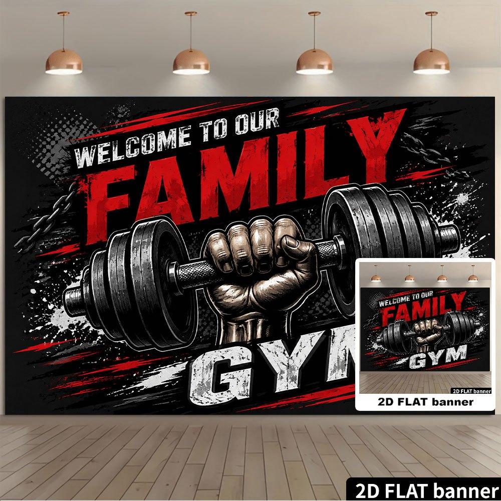 Welcome to Our Family Gym Backdrop Banner, Dumbbell Hand Design, Durable Polyester Wall Decor for Indoor Outdoor Party Holiday Home Decoration