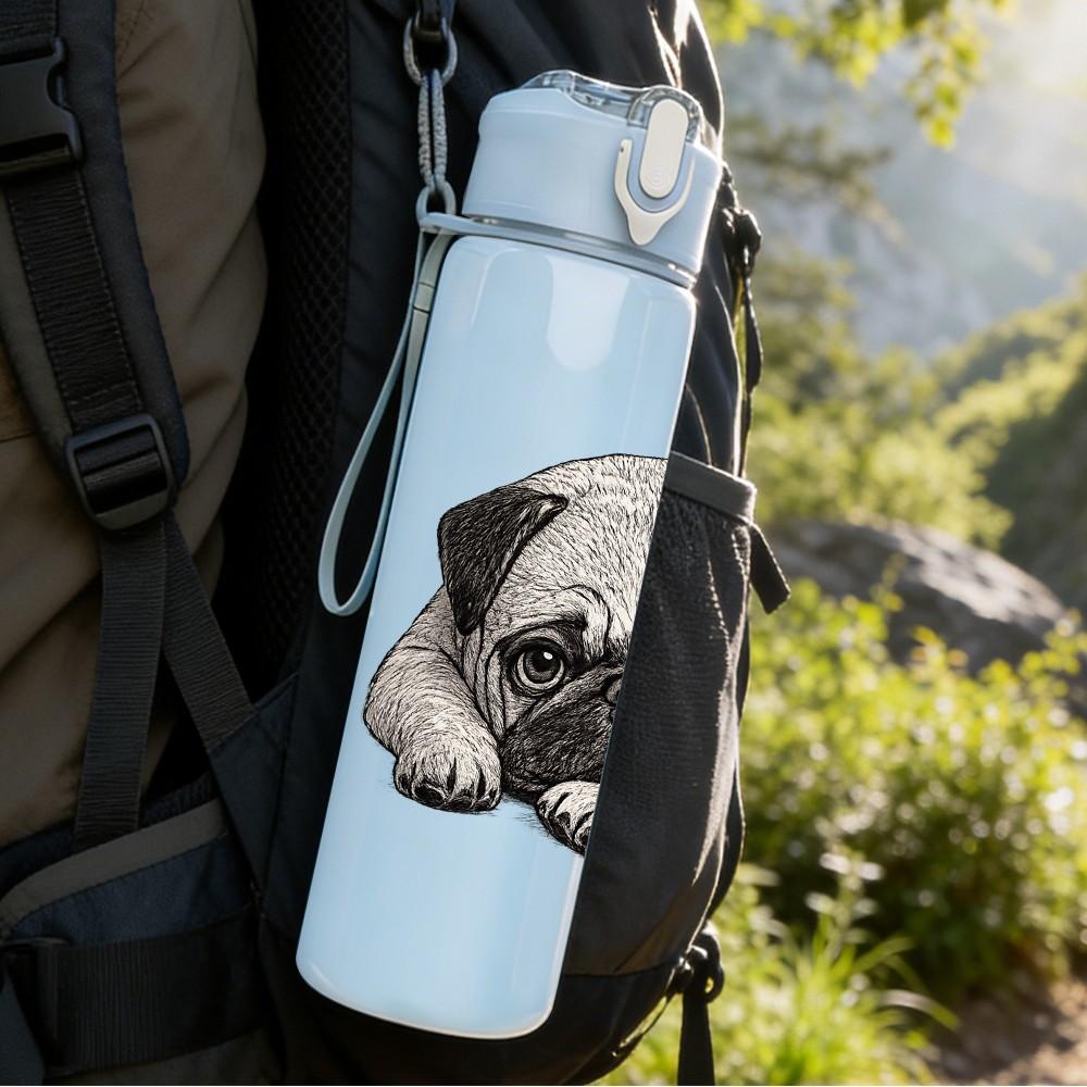 1PC Sad Pug Puppy Dog Pet Portrait Print 750ml Color Plastic Sports Water Bottle Leakproof Flip Straw Lid Suitable for Sports Office Home Use