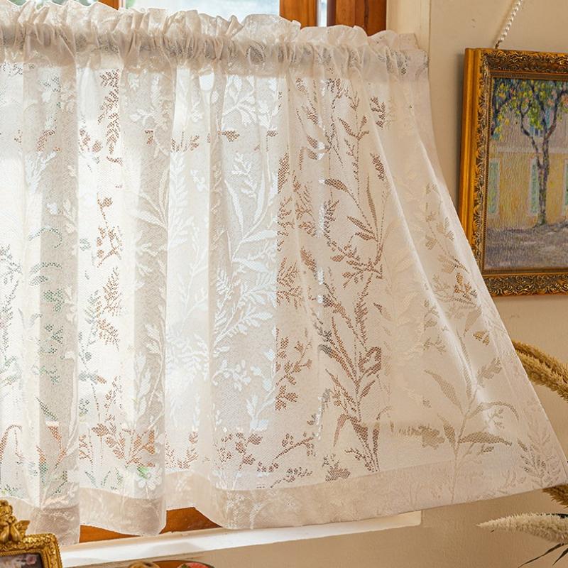 Sweet Style White Lace Window Edge Short Curtain, Pole Bag Style, Transparent Short Curtain French Style Cotton Light-transmitting Fabric Rodless