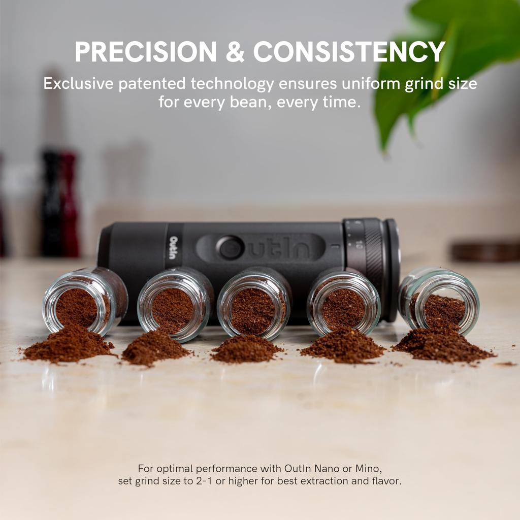 OutIn Fino Portable Electric Coffee 28 Precise Grind Fast Burr Coffee Grinder with and Adjustable Coffee Bean Braun Grinder, Settings, Charging,