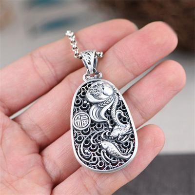 Catena del maglione retrò Collana in argento 925 Accessori per la benedizione delle donne Gioielli con pendente a forma di loto di carpa con gocciolina d'acqua cava