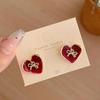 Bow Drop Glazed Heart-Shaped Earrings Retro Autumn Winter French Light Luxury Elegant Temperament Women's Party Jewelry Gift