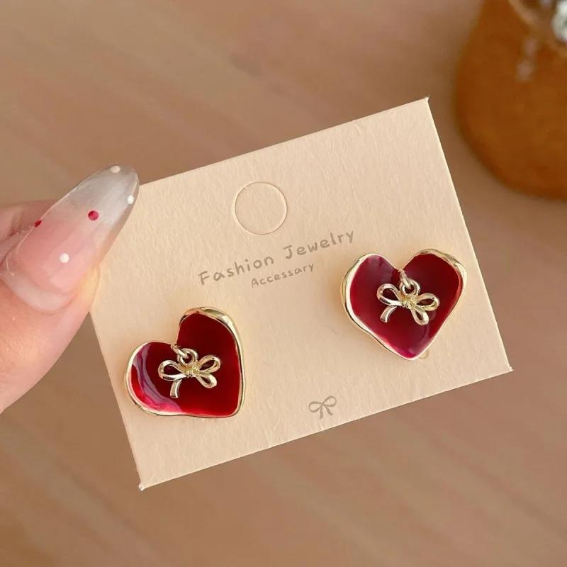 Bow Drop Glazed Heart-Shaped Earrings Retro Autumn Winter French Light Luxury Elegant Temperament Women's Party Jewelry Gift