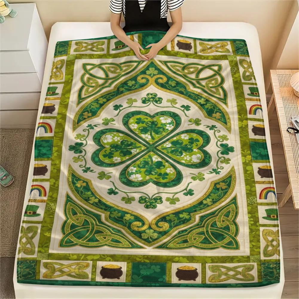 1Pc St.Patrick's Day Print Flannel Blanket, High Quality Comfortable for All Seasons, Home Decor, Warmth and Comfort, Perfect for Christmas Gifts W72