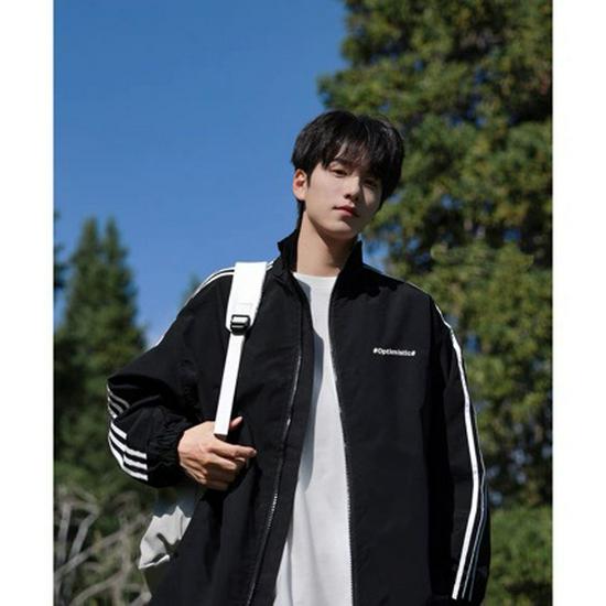 Unisex Amerykańska Kurtka Sportowa z Trzema Paskami, Color-Block, ze Stójką - Trendy Styl High Street Wiosna/Jesień 2025
