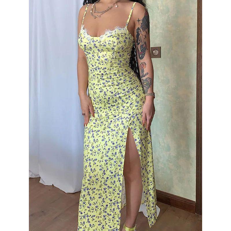Small Floral Slit Sexy Suspender Dress Floral Split Sexy Sling One-Piece Dress