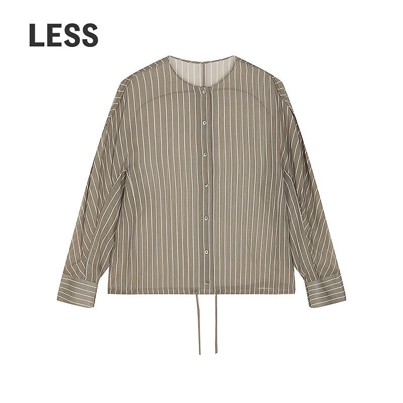 LESS 2025 Summer Loose Fit Round Neck Silk Striped Shirt L