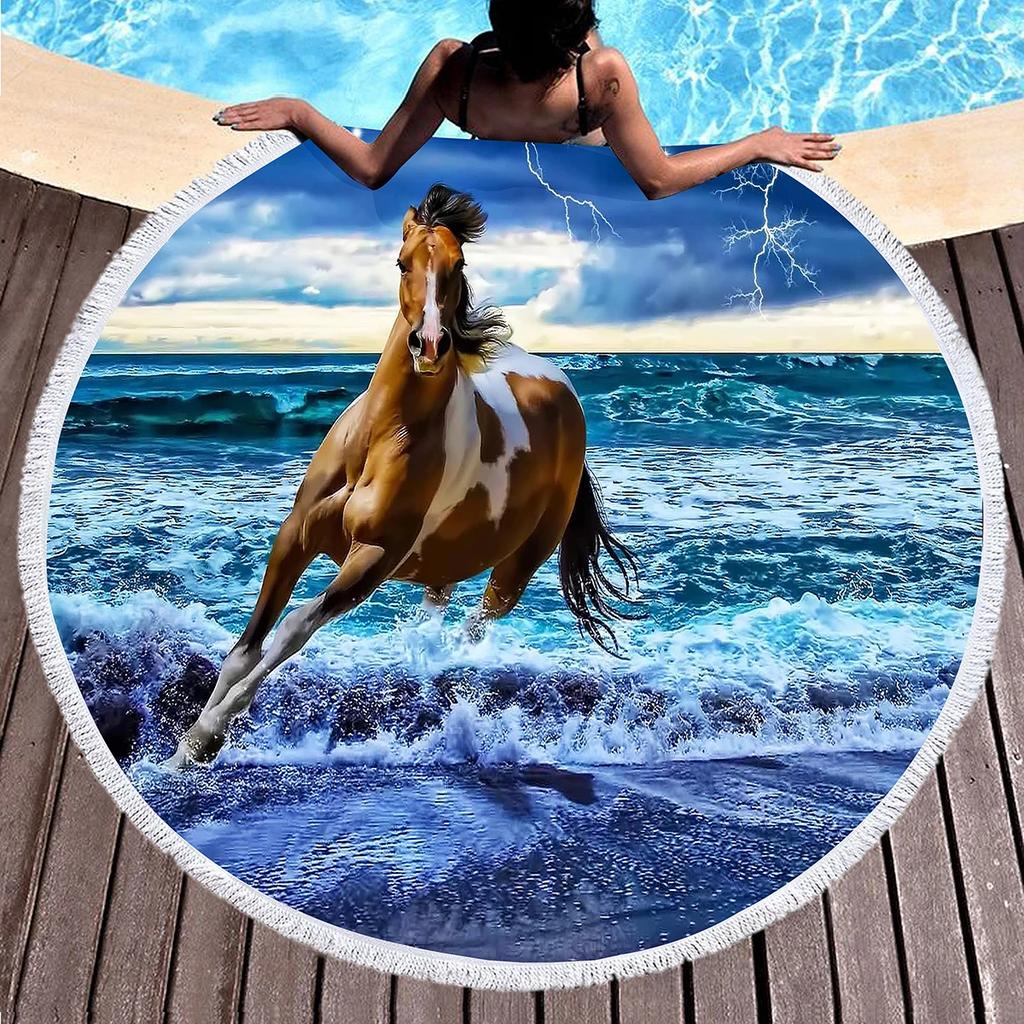 Horse Round Beach Towel,Wild Horse Beach Blanket Shawl Soft Microfiber Cowboys Western Farmhouse Rustic Theme Towel For Picnic